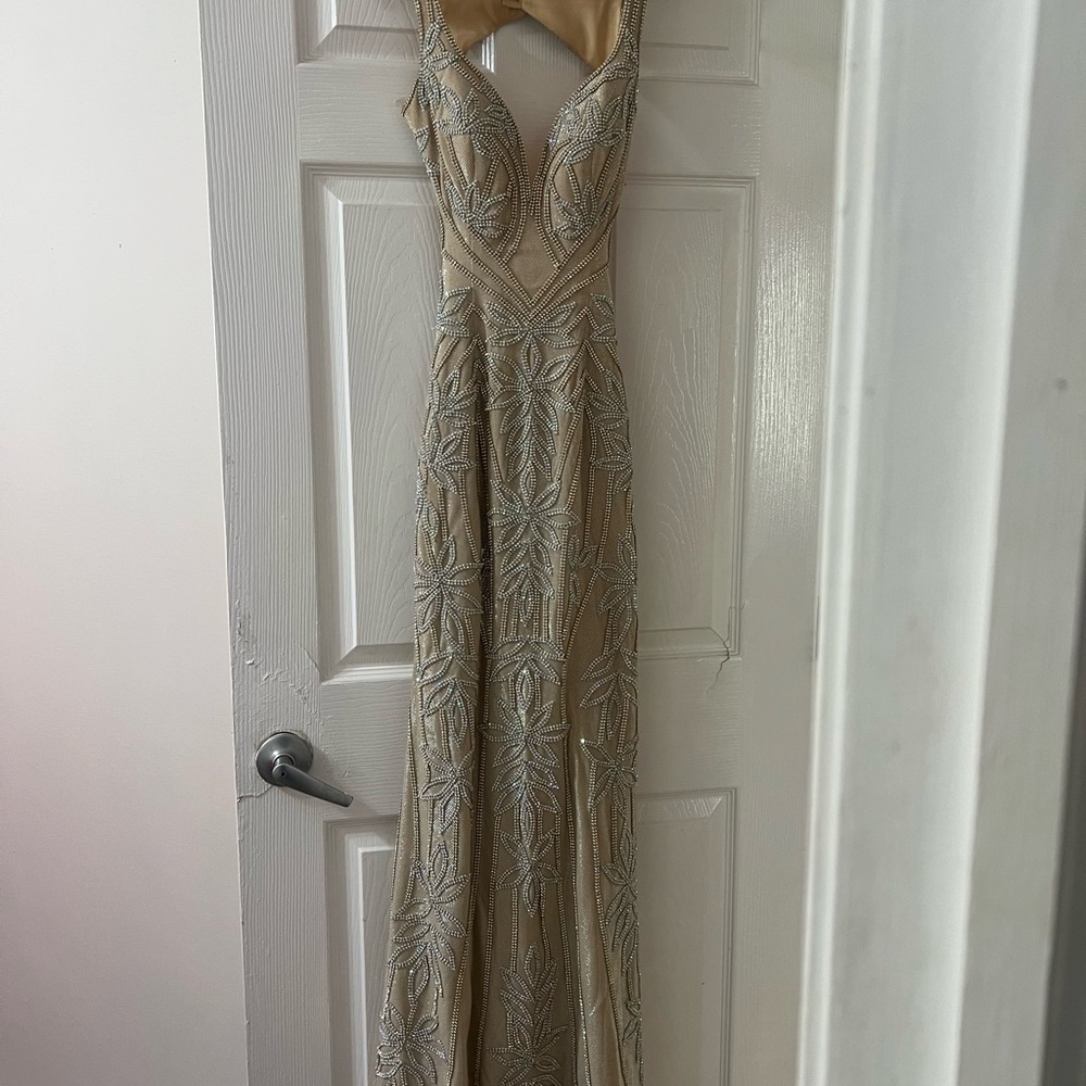 Jovani Cream and Silver Beaded Dress